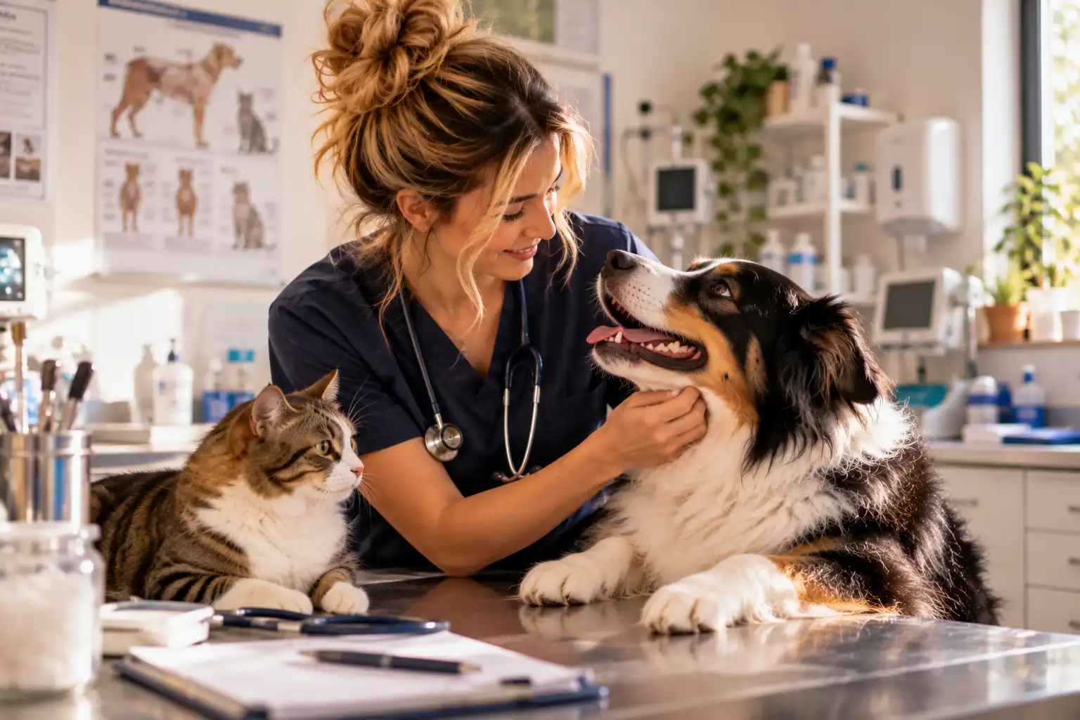 Professionnelle en tenue médicale prenant soin d’un chien tricolore et d’un chat dans un cabinet vétérinaire.