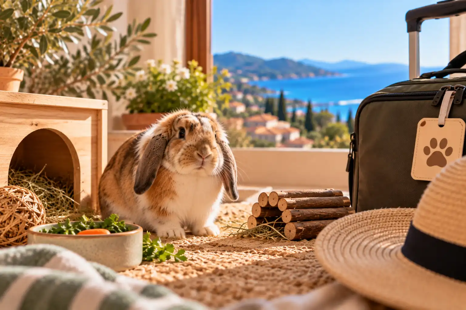 Besoin d’une garde de NAC à Bormes-les-Mimosas ou au Lavandou Lapin bélier installé près de son abri et de sa nourriture, avec une valise en arrière-plan dans un intérieur lumineux.