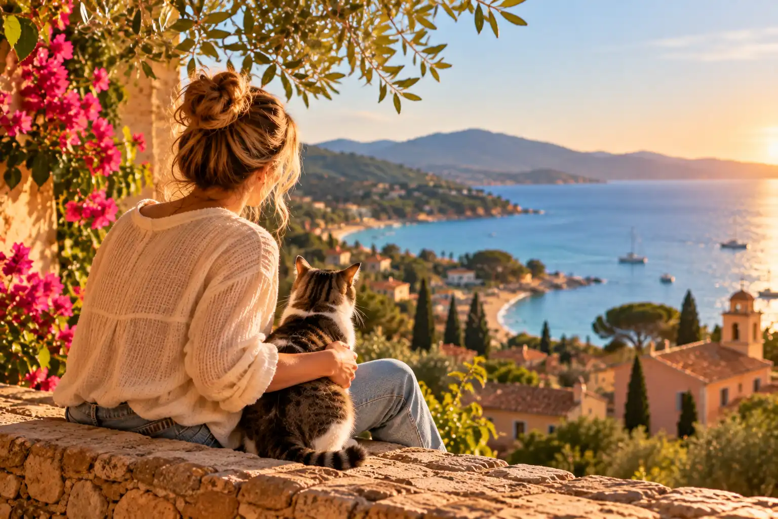 Cat sitter à Bormes-les-Mimosas et au Lavandou Cat sitter assise près d’un chat tigré et blanc sur une terrasse provençale avec vue sur la baie méditerranéenne.