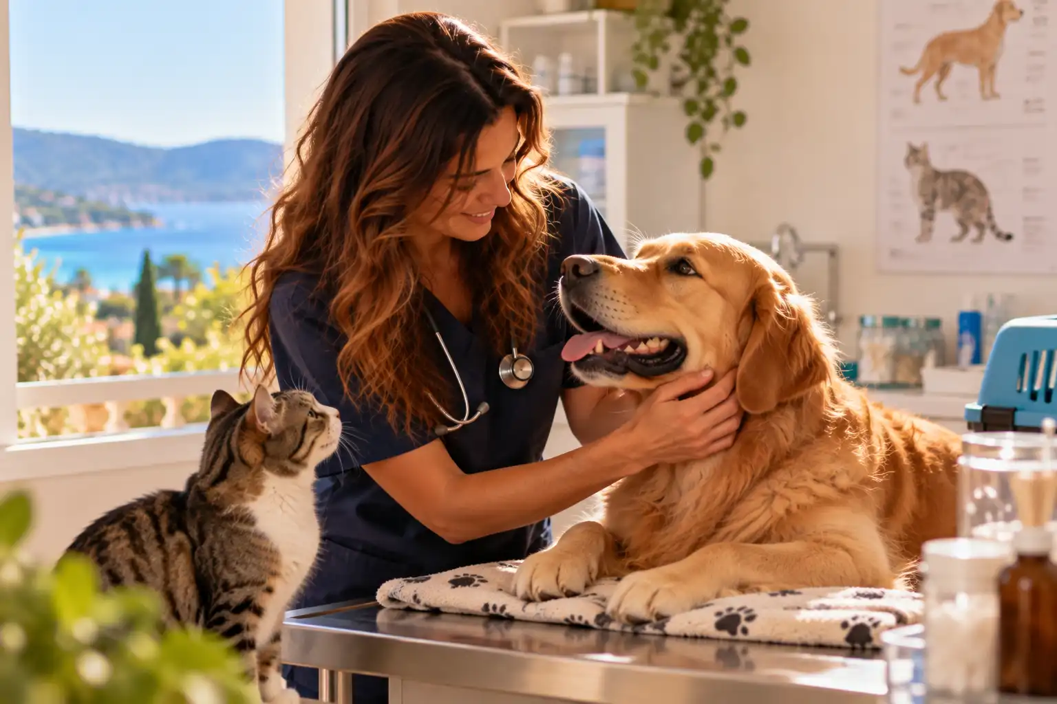 Expérience d’assistante vétérinaire et garde d’animaux au Lavandou Pet sitter en blouse de travail prenant soin d’un golden retriever et d’un chat dans un cabinet vétérinaire.
