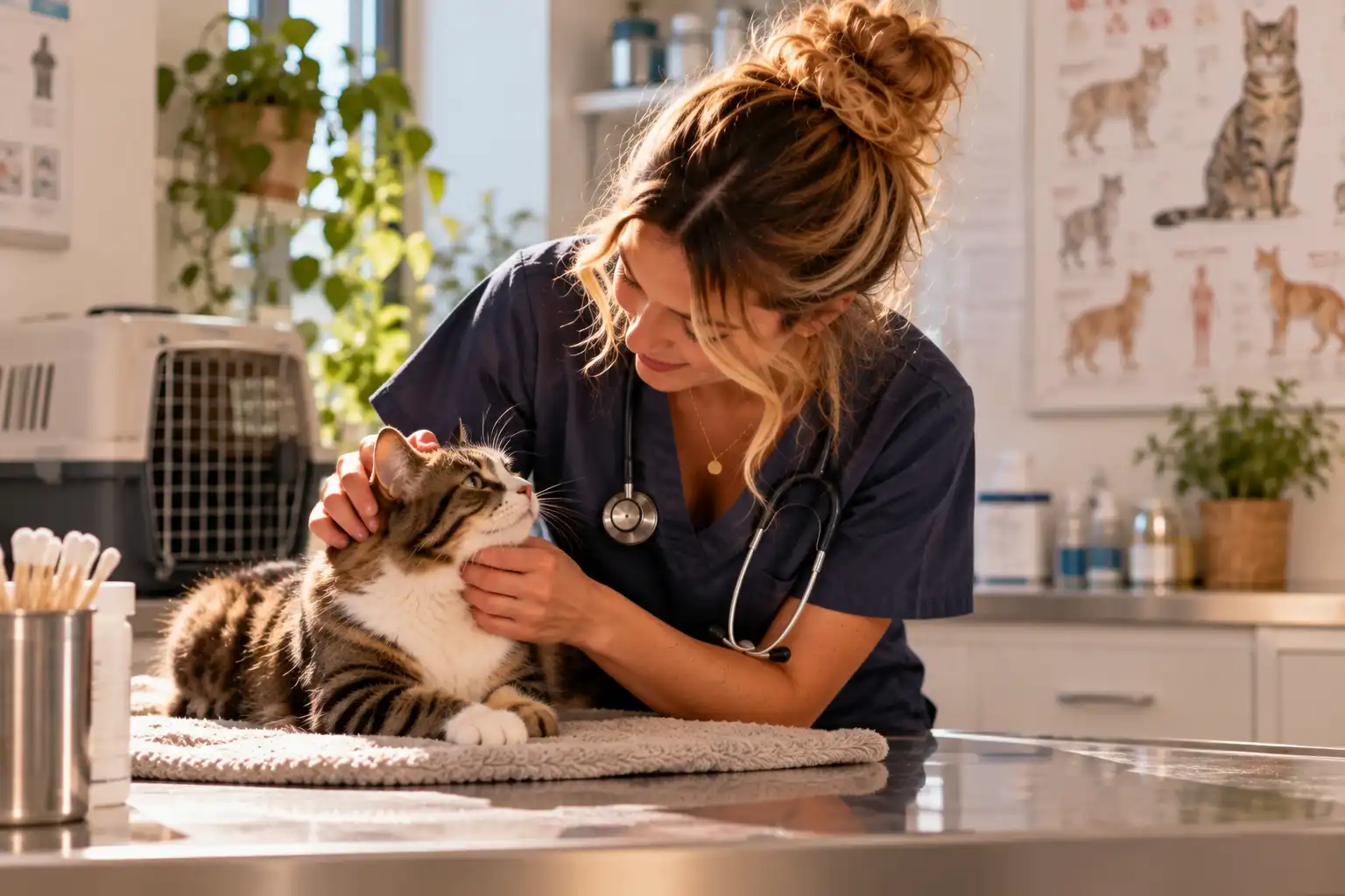 Une expérience dans le domaine vétérinaire au service de la garde de chat Professionnelle en tenue médicale prenant soin d’un chat tigré et blanc dans un cabinet vétérinaire.