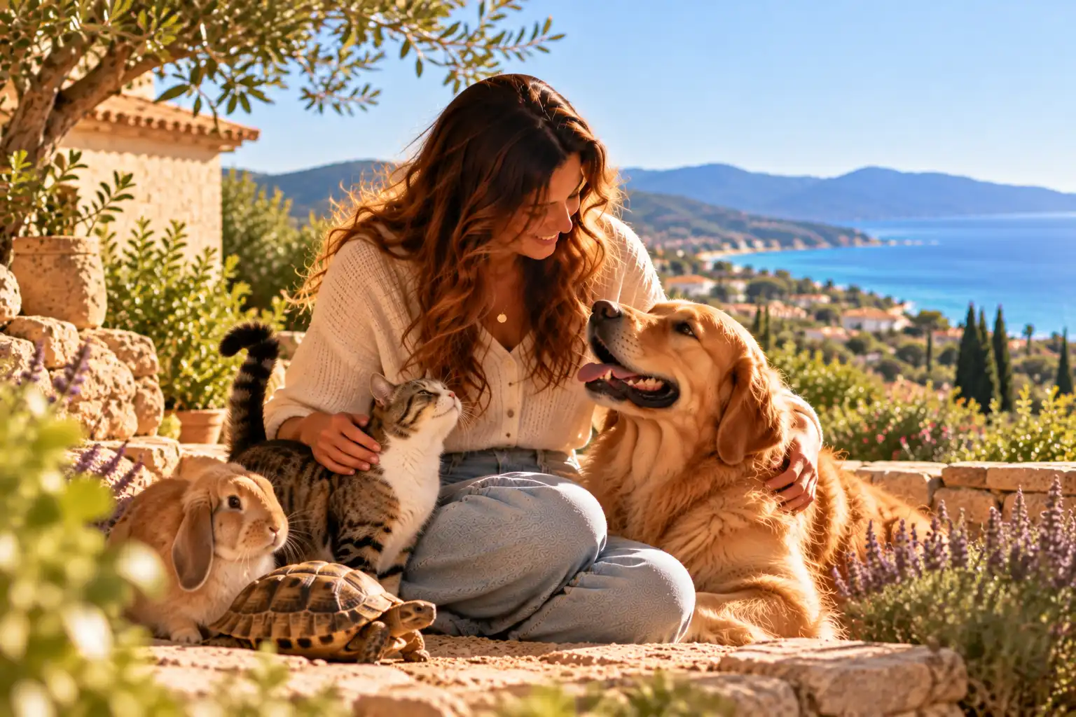 Une professionnelle expérimentée dans la garde d’animaux à La Londe-les-Maures Pet sitter prenant soin d’un chien, d’un chat, d’un lapin et d’une tortue dans un cadre méditerranéen.
