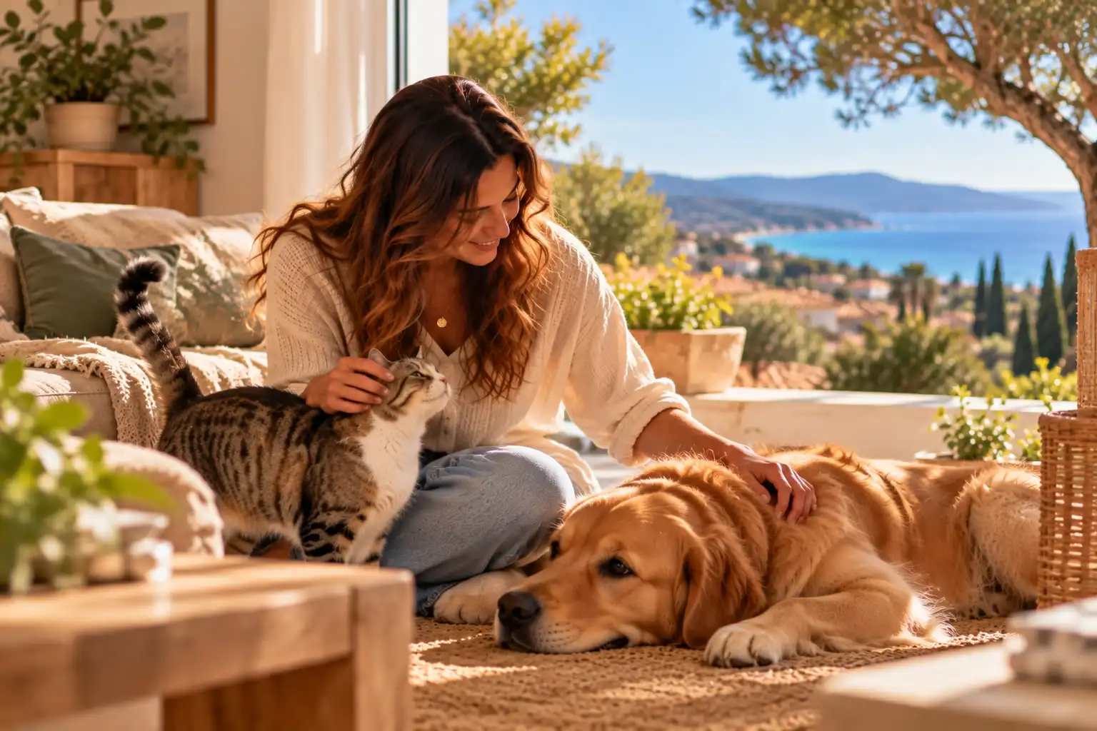 Garde d’animaux à domicile à La Londe-les-Maures Pet sitter prenant soin d’un chien et d’un chat à domicile dans un intérieur lumineux à La Londe-les-Maures.