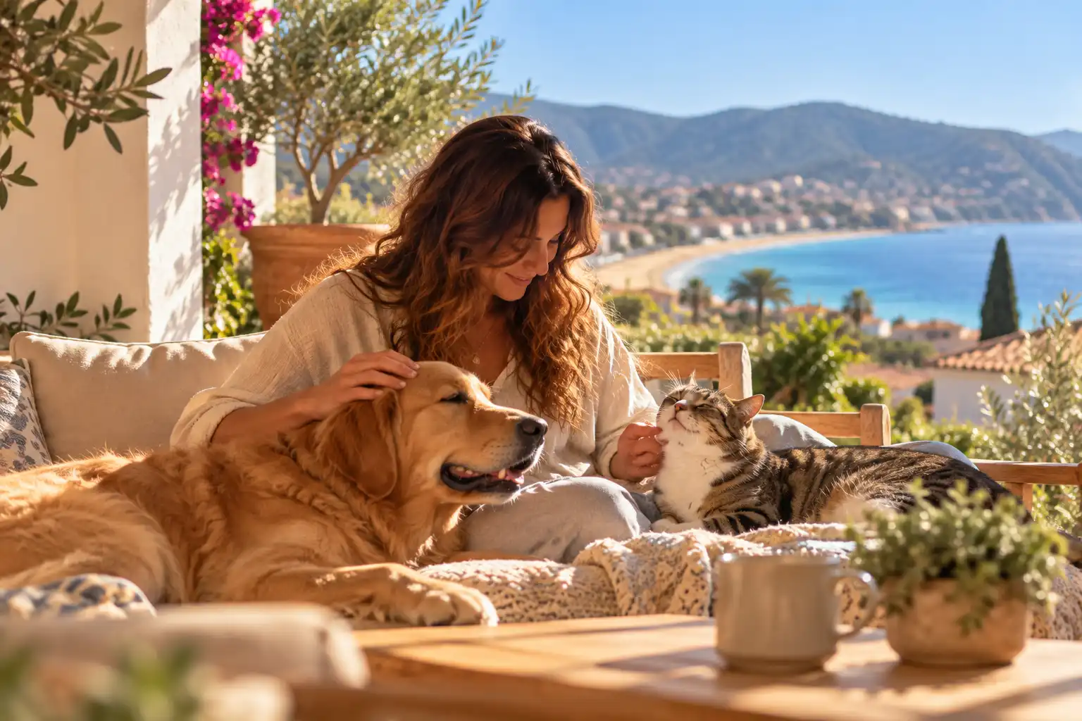 Garde d’animaux à domicile au Lavandou Pet sitter prenant soin d’un chien et d’un chat à domicile dans une ambiance méditerranéenne au Lavandou.