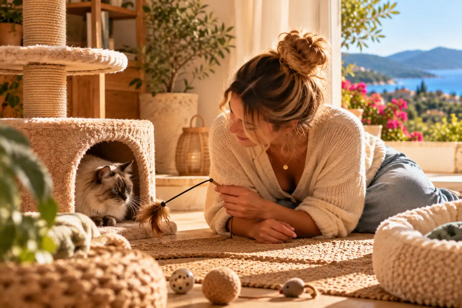 Une garde de chat adaptée à son caractère à Bormes-les-Mimosas et au Lavandou Pet sitter jouant avec un chat à poils longs installé dans son arbre à chat à domicile.