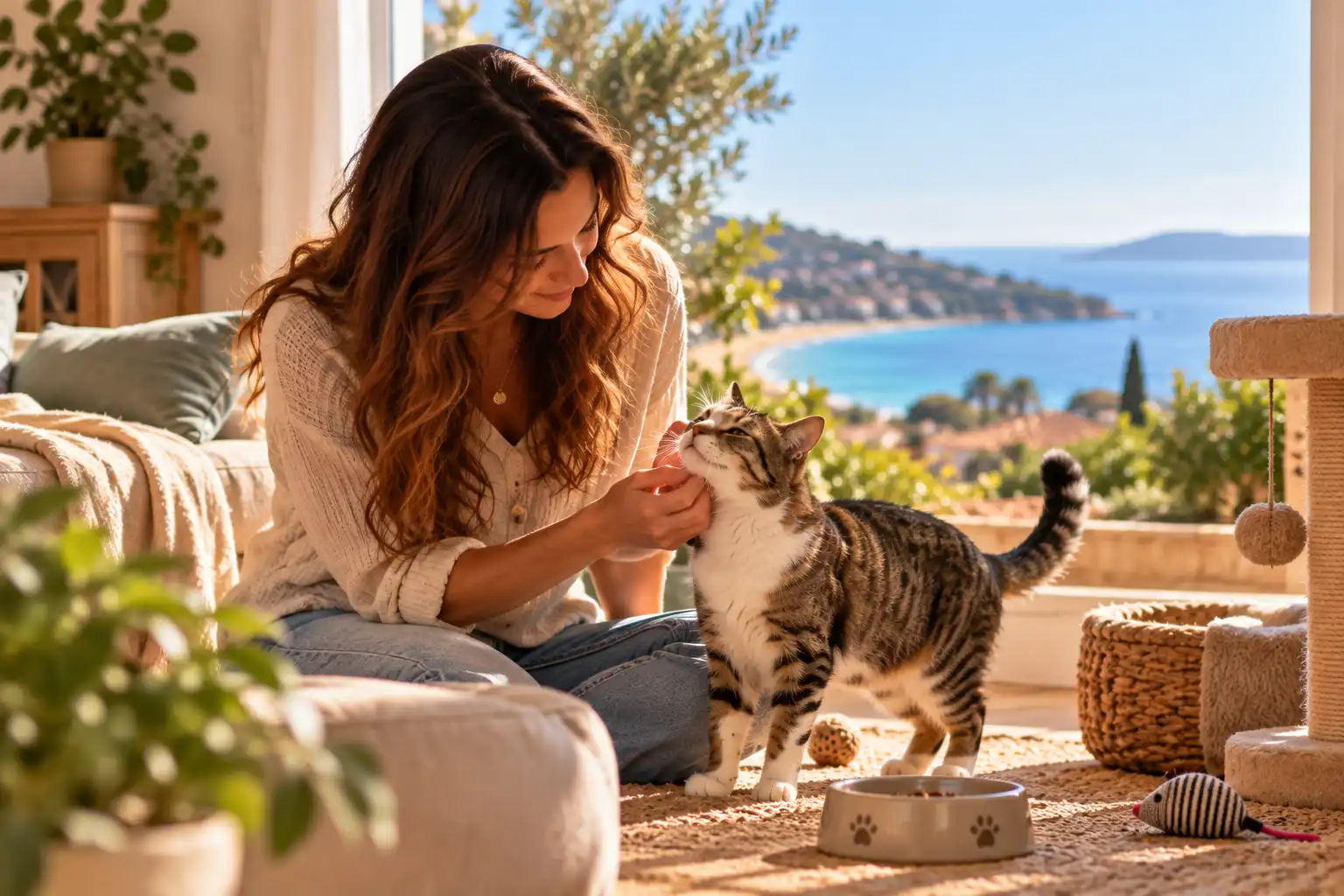 Garde de chat à domicile au Lavandou Pet sitter caressant un chat à domicile dans une maison lumineuse au Lavandou.
