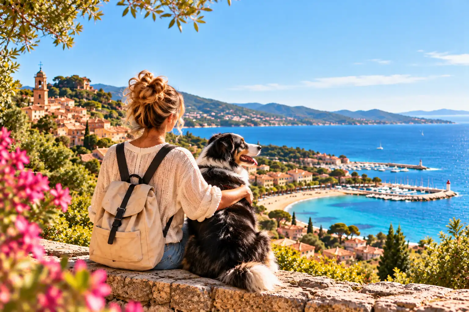 Femme assise près d’un chien tricolore sur un muret provençal avec vue sur la baie méditerranéenne.