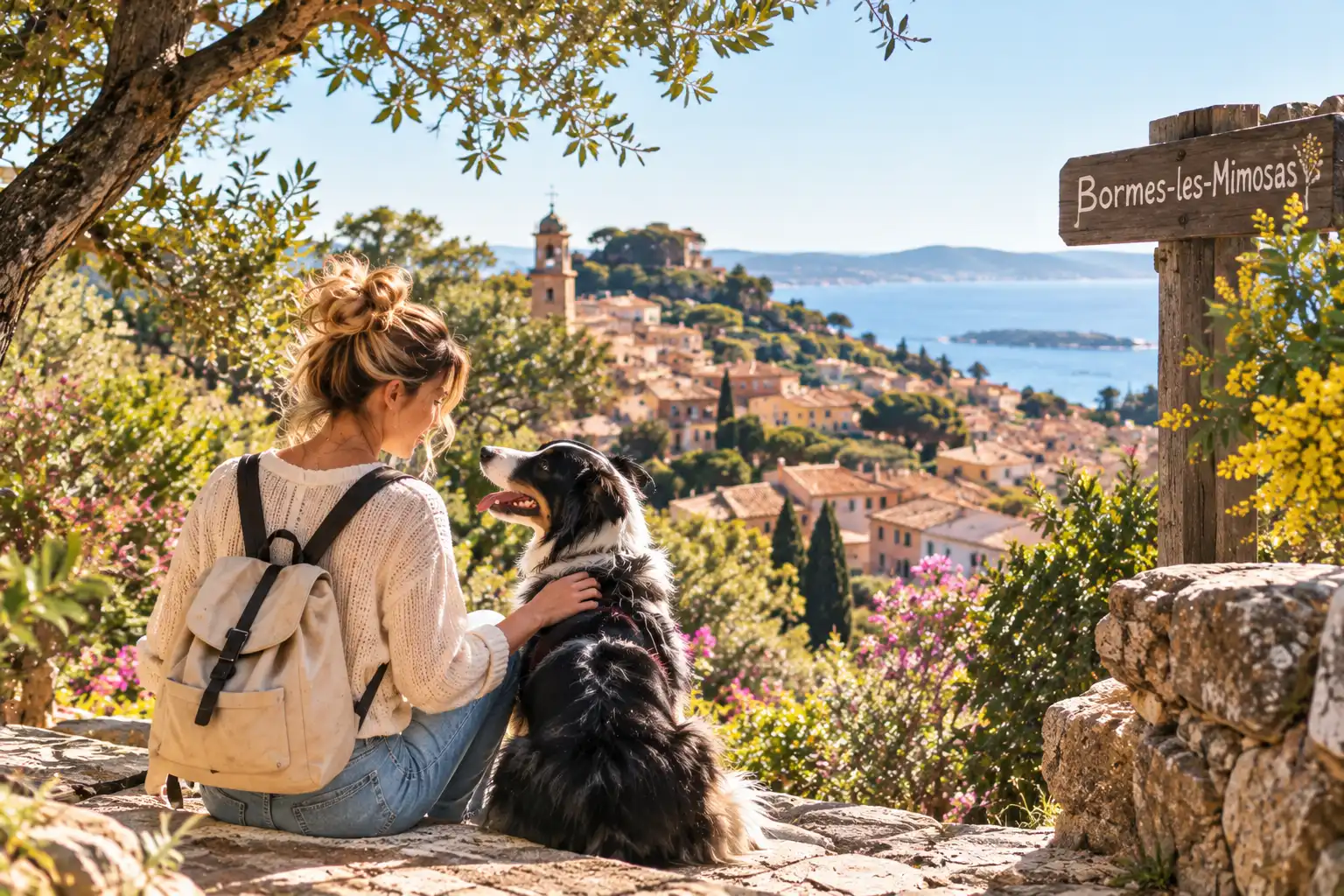 Chien tricolore à poil long devant un panneau Bormes-les-Mimosas, avec le village provençal et la mer en arrière-plan.