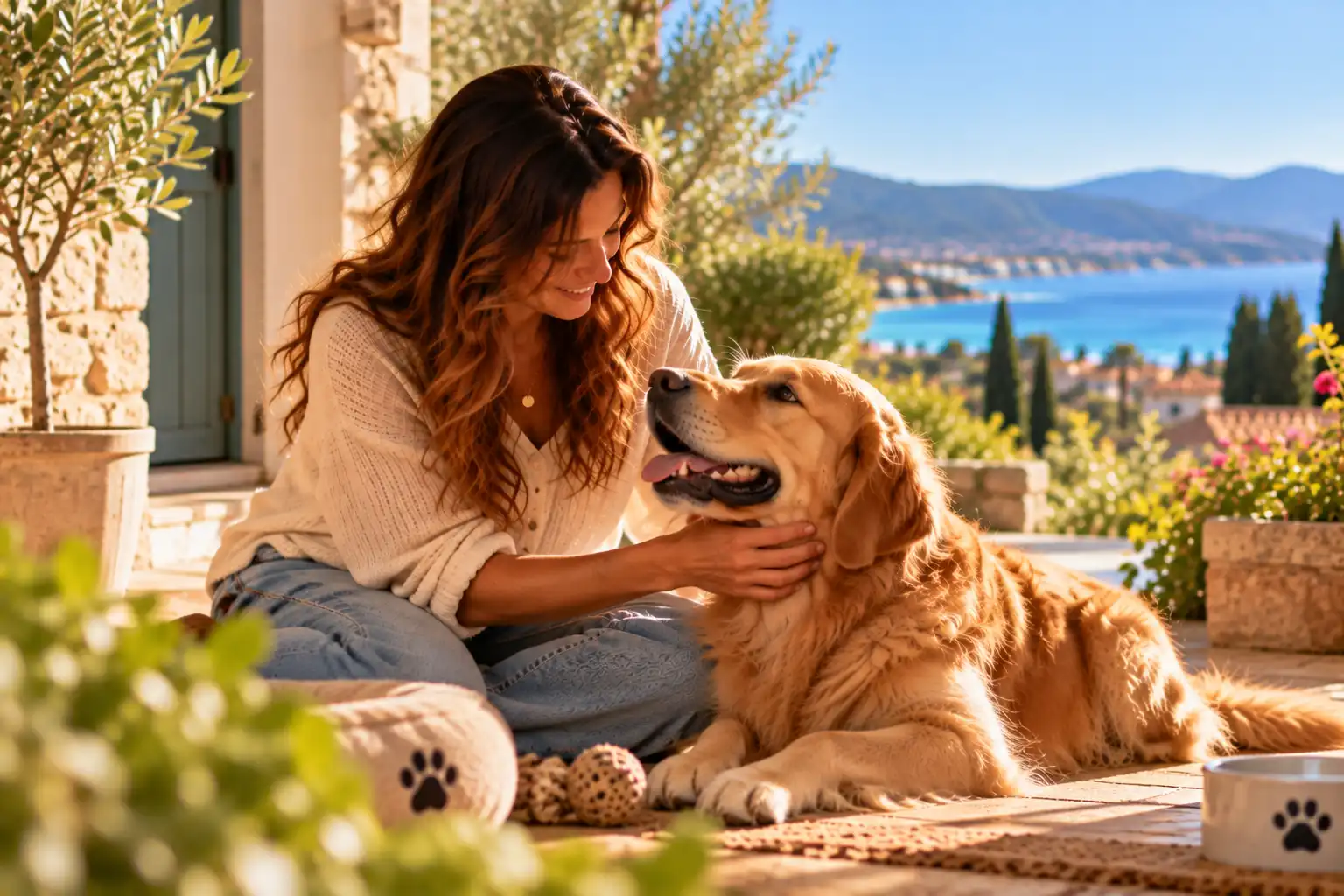 Garde de chien à domicile à La Londe-les-Maures Pet sitter prenant soin d’un golden retriever sur une terrasse ensoleillée à La Londe-les-Maures.