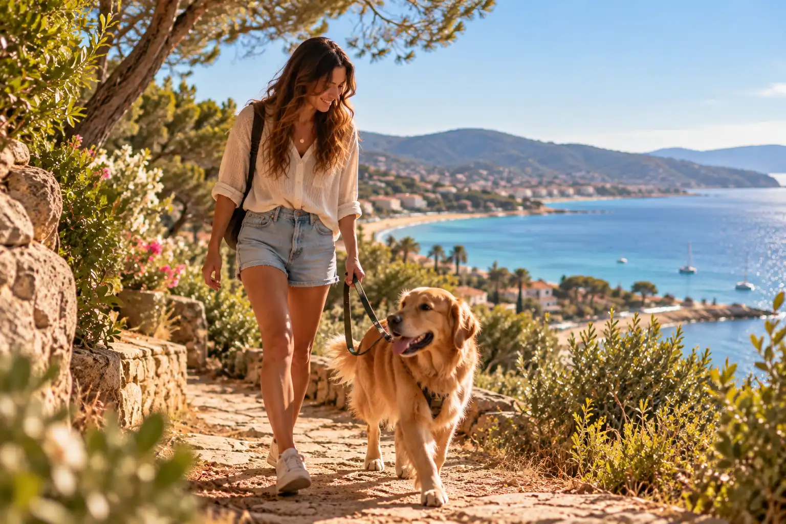 Garde de chien et promenade au Lavandou Pet sitter promenant un golden retriever sur un sentier côtier au Lavandou, dans le Var.