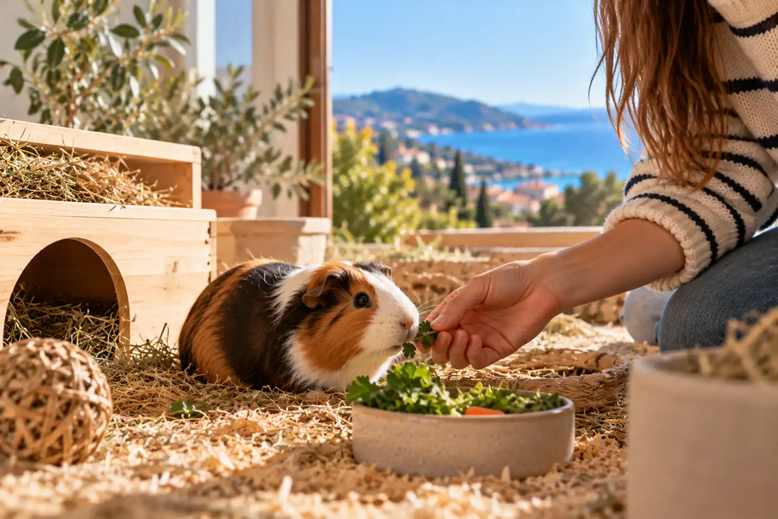 Une garde de NAC adaptée aux besoins de chaque animal Cochon d’Inde tricolore recevant des feuilles fraîches d’une pet sitter dans son espace de vie.