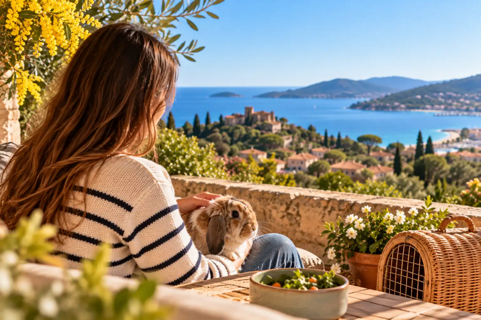 Garde de NAC à Bormes-les-Mimosas et au Lavandou Femme prenant soin d’un lapin bélier sur une terrasse provençale avec vue sur la mer Méditerranée.