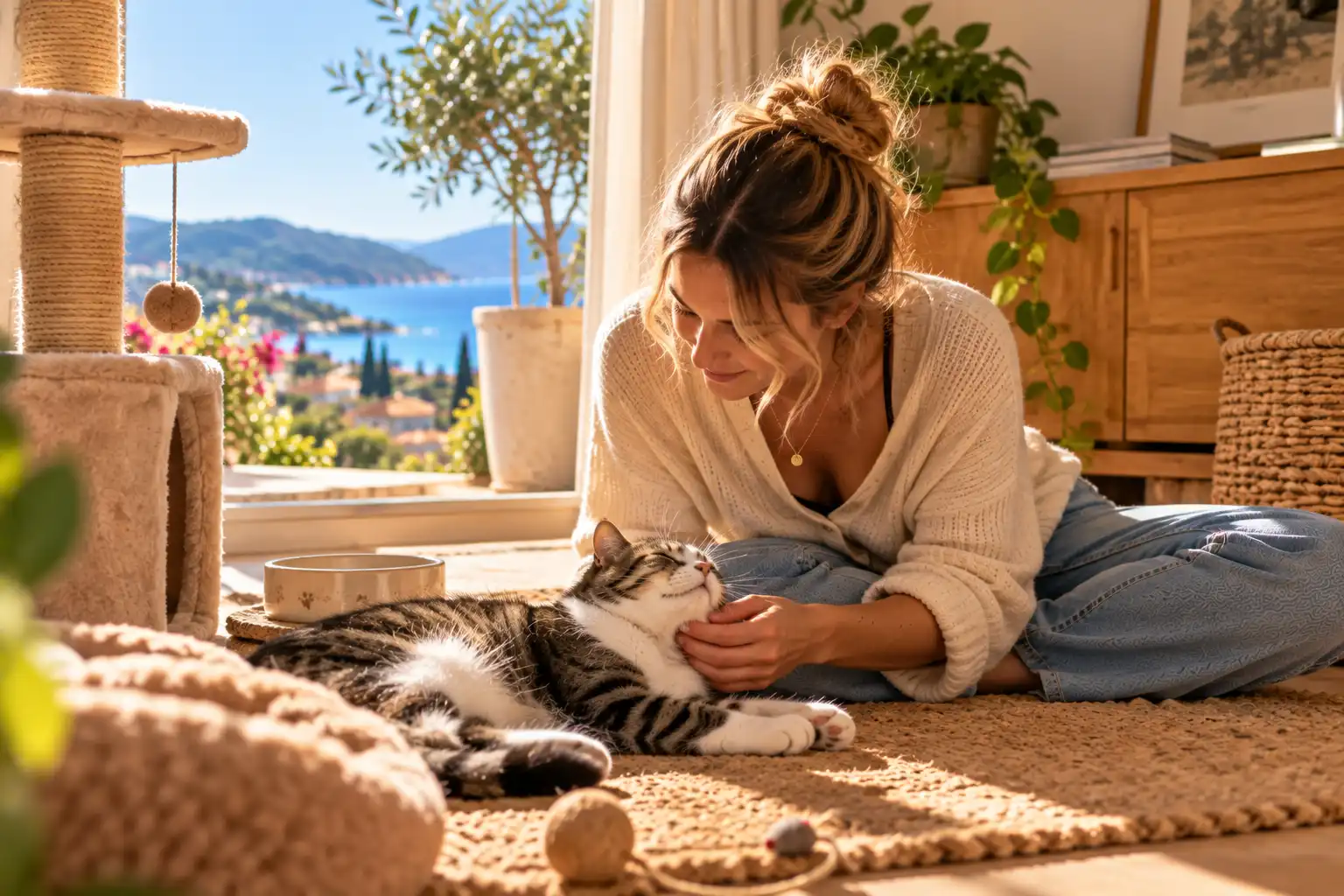 Pourquoi choisir la garde de chat à domicile à Bormes-les-Mimosas et au Lavandou Chat tigré et blanc détendu dans son panier pendant une visite de garde à domicile à Bormes-les-Mimosas et au Lavandou.