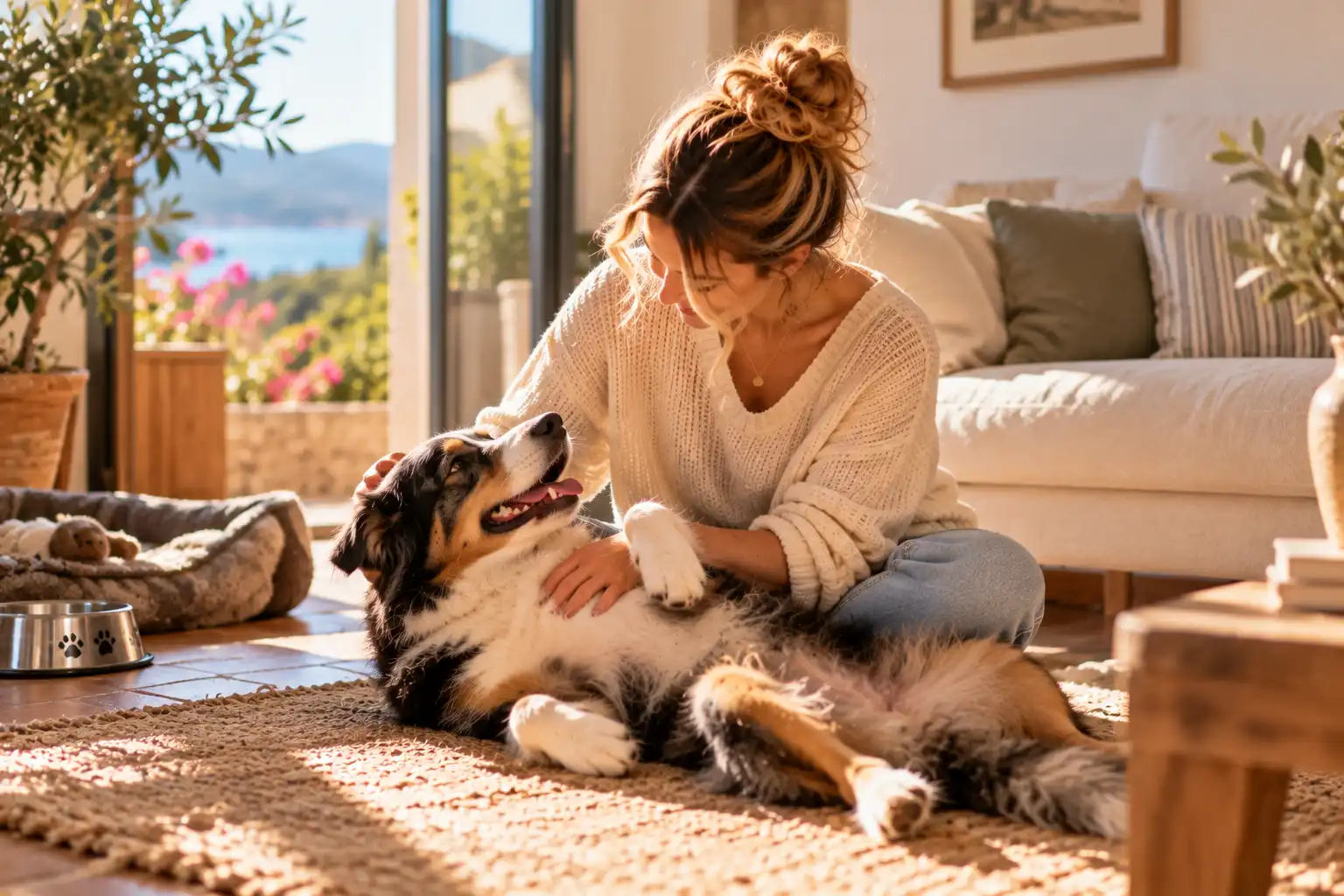 Pet sitter caressant un chien tricolore détendu dans un salon lumineux à domicile.