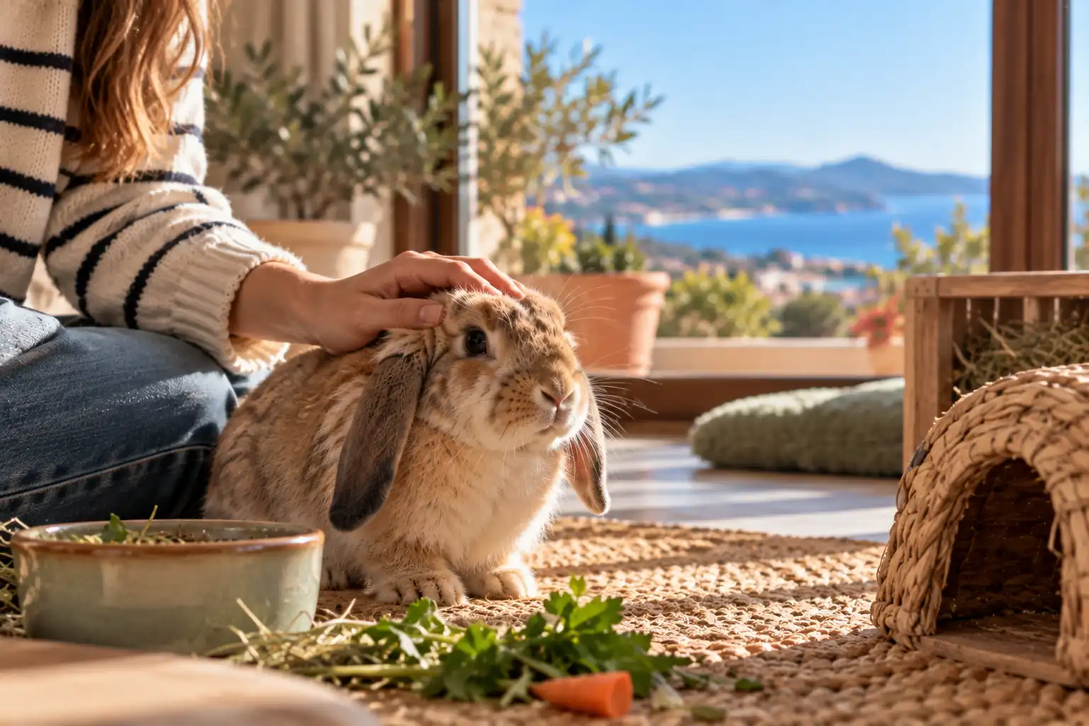 Pourquoi choisir la garde de NAC à domicile à Bormes-les-Mimosas et au Lavandou Lapin bélier nain caressé par une personne dans un intérieur lumineux, près de son abri et de sa nourriture.