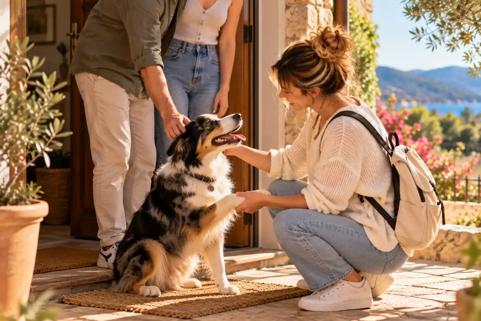 Pet sitter faisant connaissance avec un chien tricolore en présence de son propriétaire devant une maison.