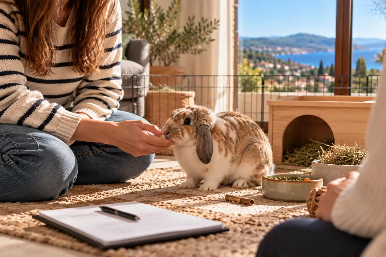Première rencontre avant une garde de NAC à domicile Pet sitter faisant connaissance avec un lapin bélier dans un salon lumineux, en présence de son propriétaire.
