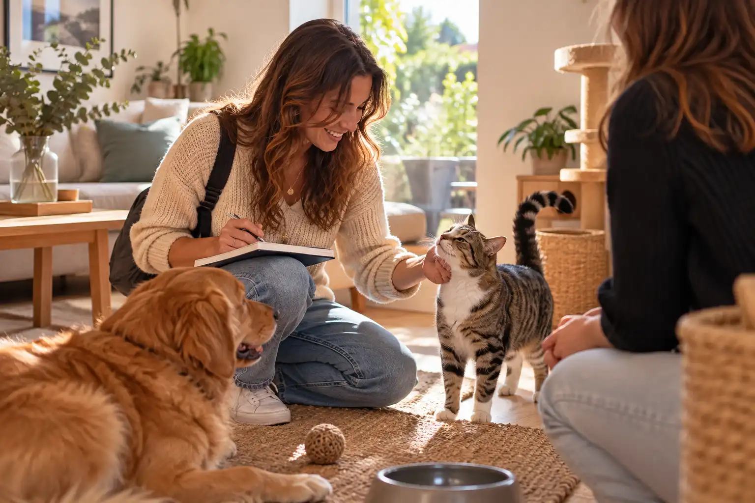 premiere-rencontre-pet-sitter-garde-animaux Pet sitter faisant connaissance avec un chat et un chien lors d’une première rencontre à domicile