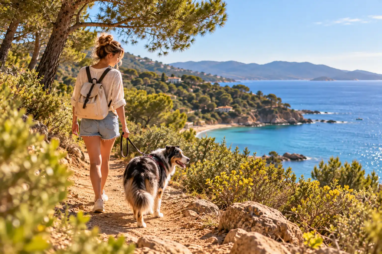 Pet sitter promenant un chien tricolore en laisse sur un sentier côtier méditerranéen près de Bormes-les-Mimosas.