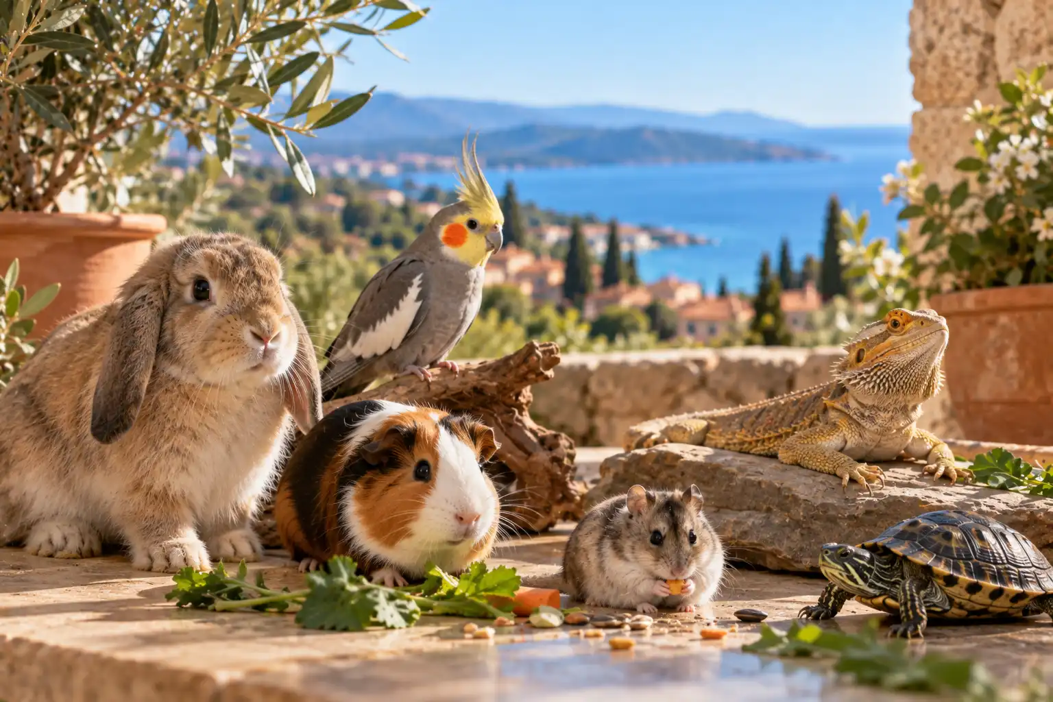 Quels animaux NAC peuvent être gardés à domicile Lapin bélier, cochon d’Inde, perruche calopsitte, hamster, pogona et tortue réunis sur une terrasse ensoleillée.