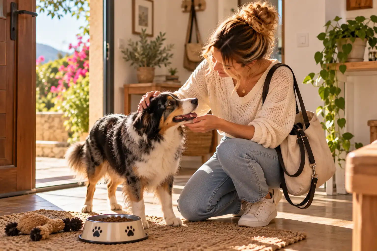 Pet sitter accueillant un chien tricolore à domicile lors d’une visite de garde dans une maison lumineuse.